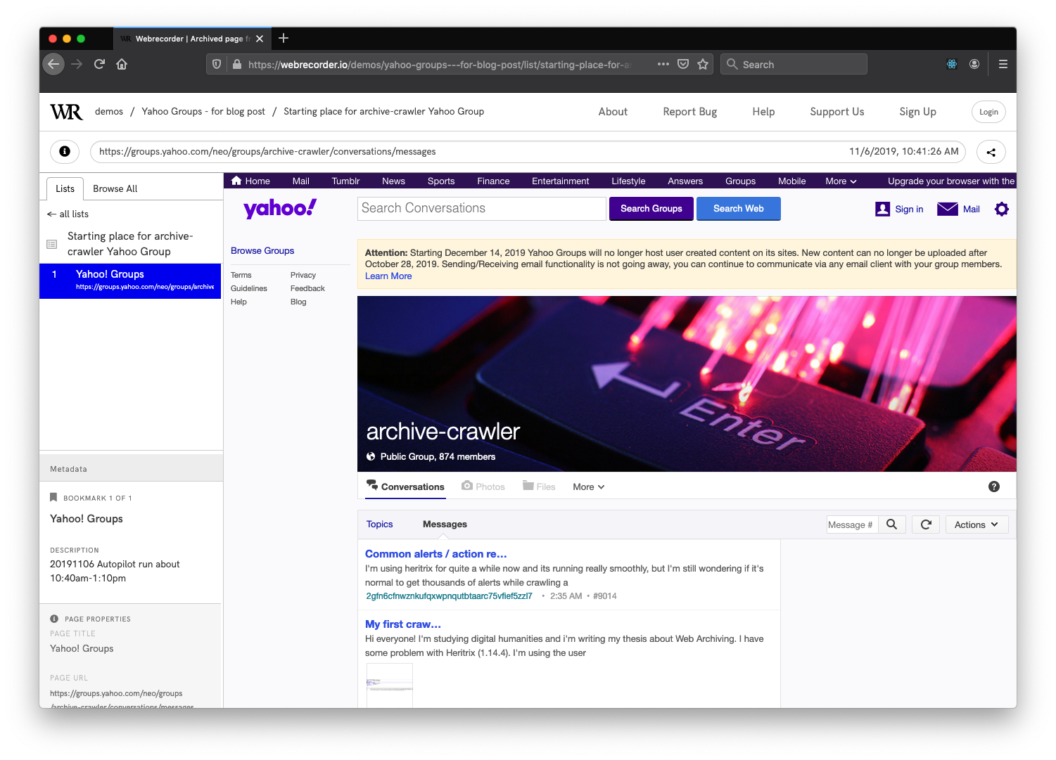 Screenshot of a Yahoo Group