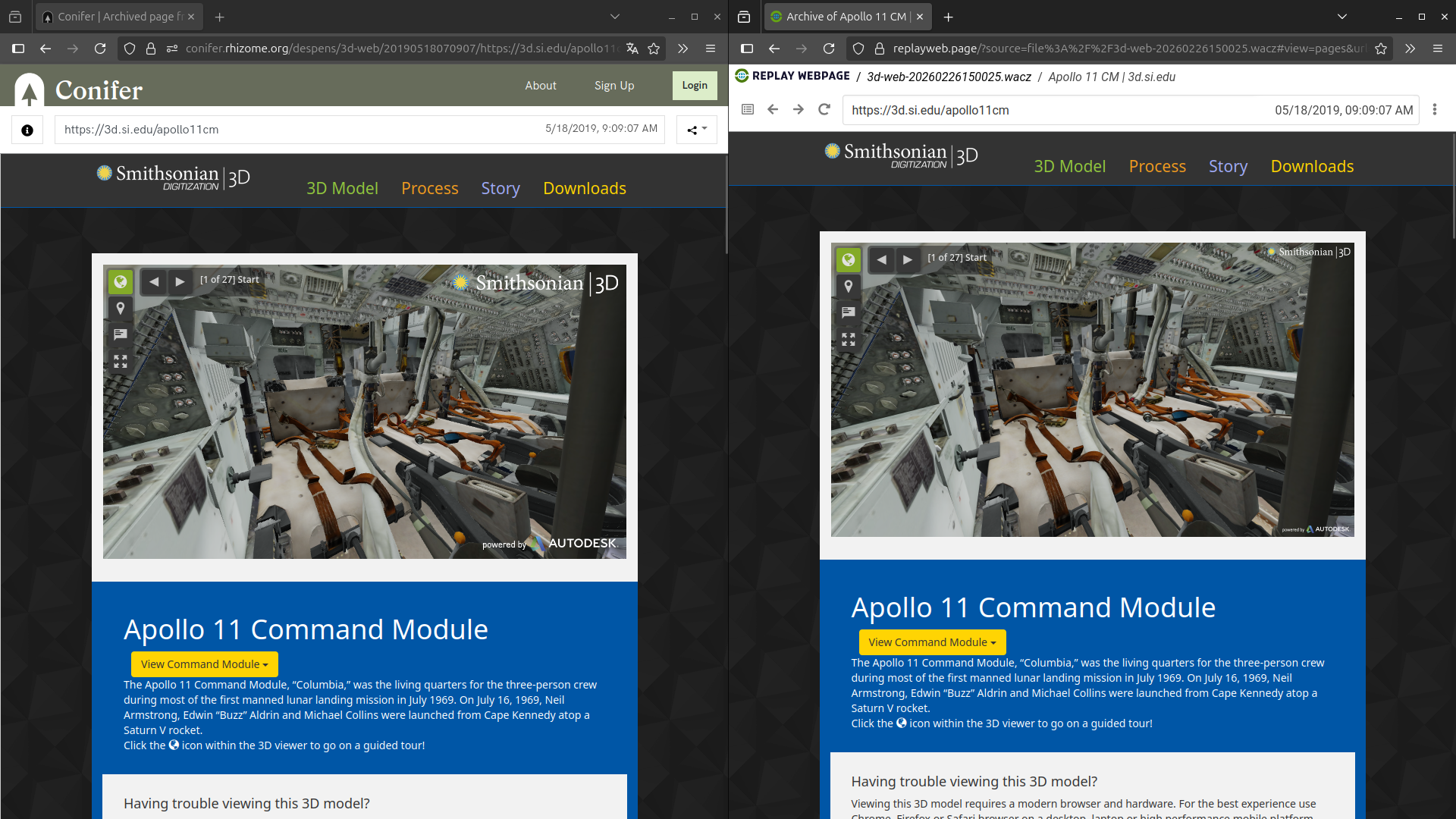 Side-by-side comparison of a WebGL page in Conifer and ReplayWeb.page